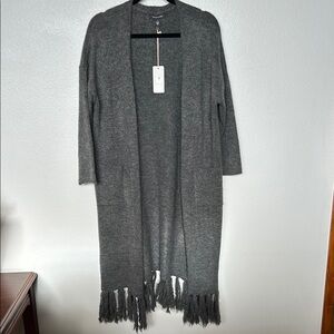 Gray Long Fringe Cardigan Sweater